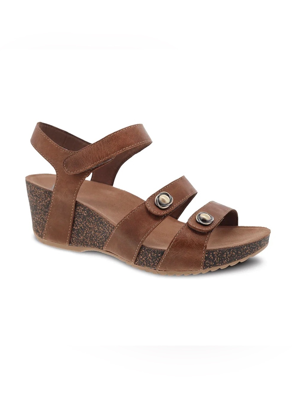 Dansko Savannah Brown Leather Wedge Sandals Double Strap Button Sz 39 US 8.5-9